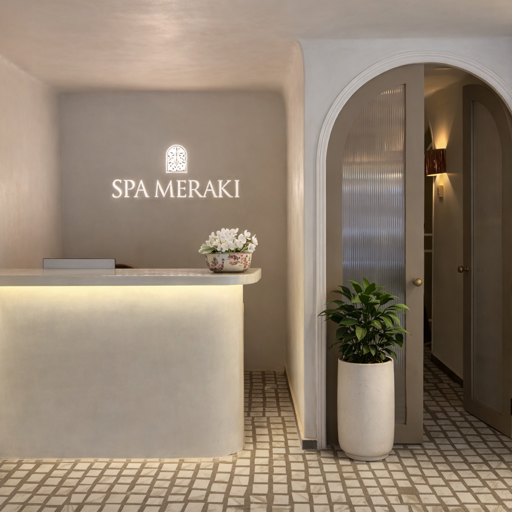 Spa Meraki reception area with a sign and decorative elements.